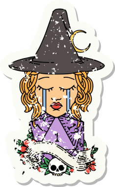 Bir insan tarafından çizilmiş doğal D20 ruloyla ağlayan insan bir cadının grunge çıkartması.