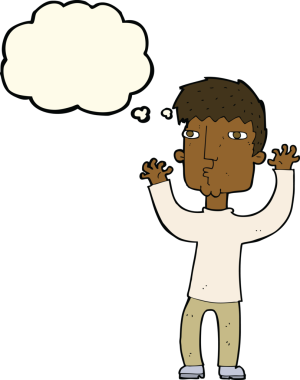 Bir insan tarafından çizilmiş düşünce baloncuğu olan endişeli bir adam.