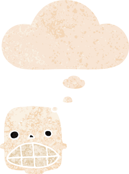 grunge 'da düşünce baloncuğu olan karikatür kafatası bir insan tarafından çizilmiş gerilimli retro doku