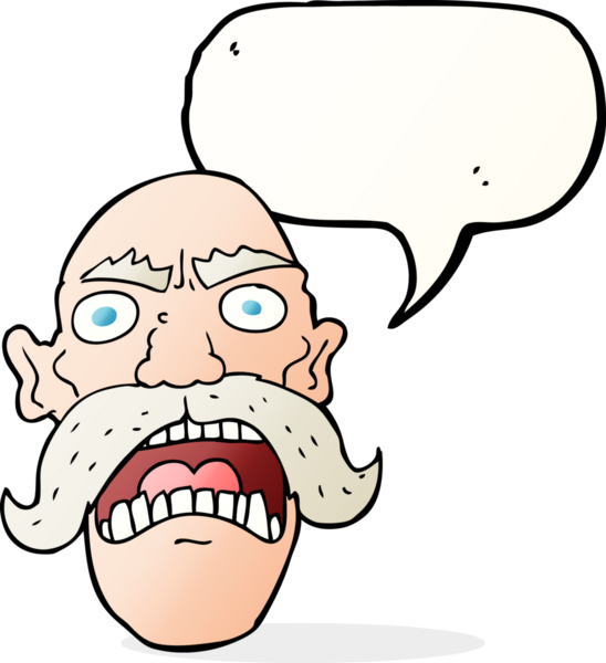 Bir insan tarafından çizilmiş konuşma balonlu kızgın yaşlı adam çizgi filmi.