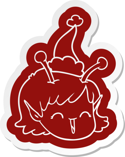 Bir insan tarafından çizilmiş Noel Baba şapkası giyen uzaylı bir uzay kızının garip bir çizgi film çıkartması.