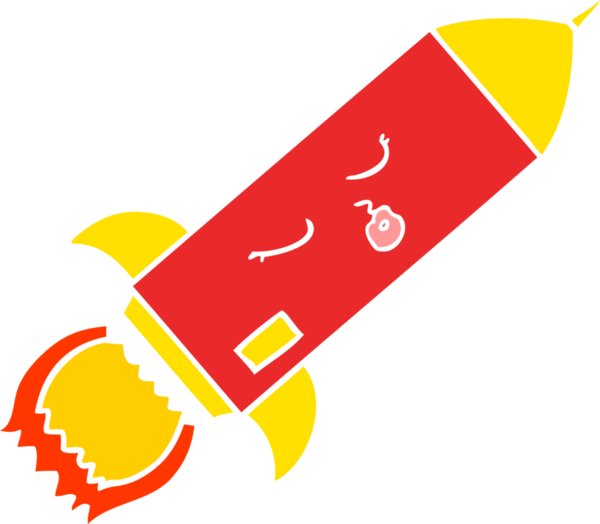 Bir insan tarafından çizilmiş düz renkli çizgi film roketi