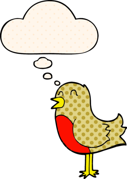 Çizgi roman tarzında düşünce baloncuğu olan çizgi film kuşu insan tarafından çizilmiş.