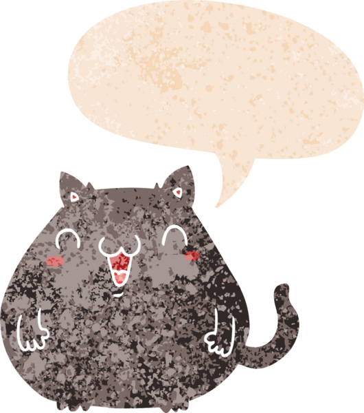 grunge 'da konuşma balonu olan çizgi film kedisi bir insan tarafından çizilmiş dertli retro desenli