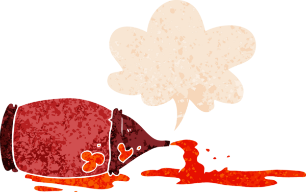 Bir insan tarafından çizilmiş grunge sıkıntılı retro stili ile konuşma baloncuklu ketçap şişesi döküldü