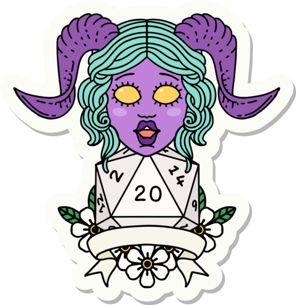 Bir insan tarafından çizilmiş doğal yirmi zarla yapıştırılmış bir etiket.