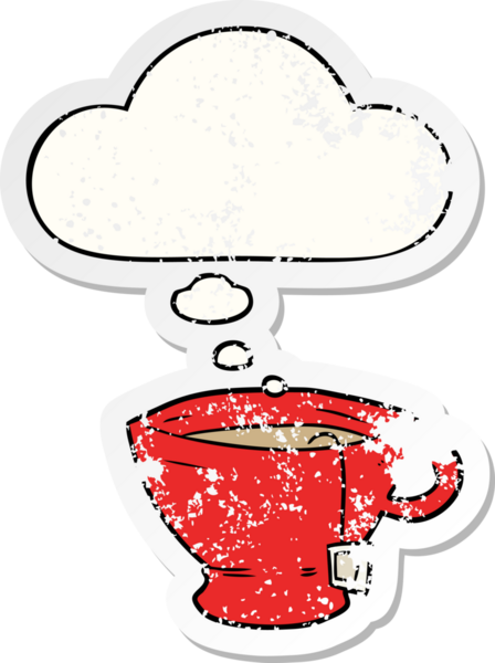 Düşünce baloncuklu bir çay fincanı insan tarafından çizilmiş yıpranmış bir çıkartma gibi.