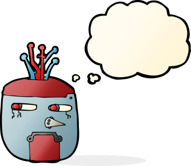 Bir insan tarafından çizilmiş düşünce baloncuklu altın robot kafası.
