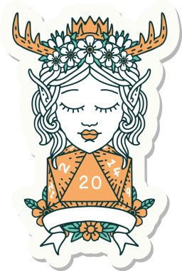 Bir insan tarafından çizilmiş doğal 20 zarlı Elf Druid karakterinin çıkartması.