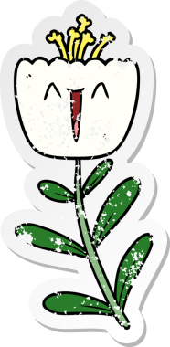 Bir insan tarafından çizilmiş mutlu bir karikatür çiçeğinin sıkıntılı çıkartması.