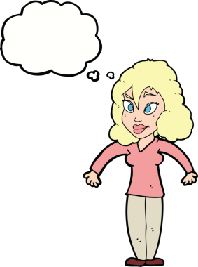 Bir insan tarafından çizilmiş düşünce baloncuğuyla omuz silken çizgi film kadını.