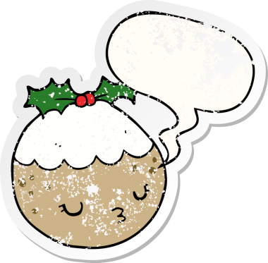 Güzel bir çizgi film pudingi, konuşma baloncuğu ve bir insan tarafından çizilmiş sıkıntılı eski bir çıkartma.