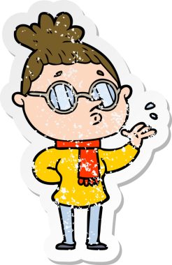 Bir insan tarafından çizilmiş gözlük takan karikatürlü bir kadının sıkıntılı çıkartması.