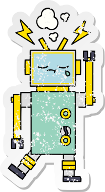 Bir insan tarafından çizilmiş sevimli bir robot çizgi film çıkartması.