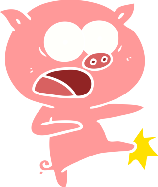 Bir insan tarafından çizilmiş düz renkli çizgi film domuz bağırması ve tekmesi.