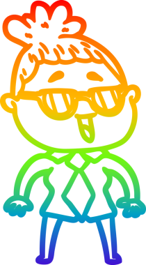 Bir insan tarafından çizilmiş gözlük takan mutlu bir kadının çizgi çizimi.