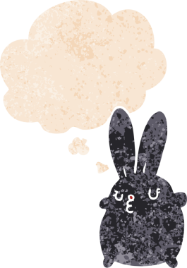 Homurdanan düşünce baloncuğu olan sevimli çizgi film tavşanı bir insan tarafından çizilmiş dertli retro tarzı.