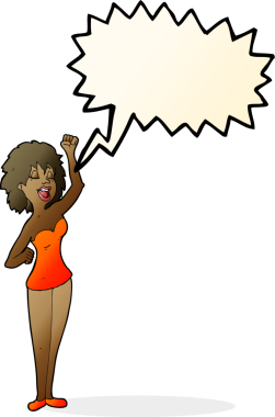 Bir insan tarafından çizilmiş konuşma balonu olan çizgi film dansçısı kadın.