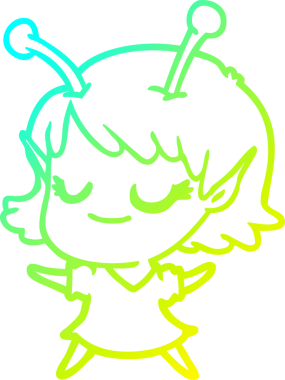 Bir insan tarafından çizilmiş gülümseyen uzaylı kız çizgi filmi.