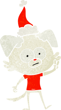 Bir insan tarafından çizilmiş Noel Baba şapkası giyen tişörtlü gergin bir köpek.