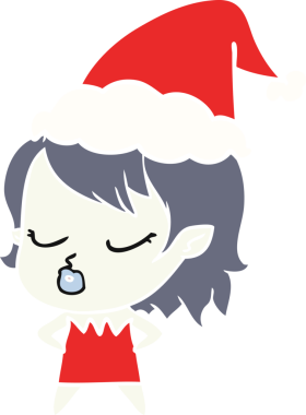 Bir insan tarafından çizilmiş Noel Baba şapkası takan vampir bir kızın düz renk çizimi.