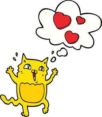 Bir insan tarafından çizilmiş düşünce baloncuğuna deli gibi aşık çizgi film kedisi.