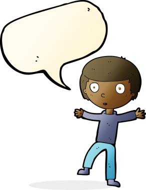 Bir insan tarafından çizilmiş konuşma balonuyla ürkmüş bir çocuk.