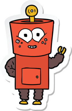 Bir insan tarafından çizilmiş mutlu bir robot robot el sallıyor.