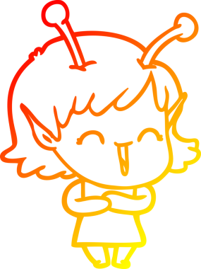 Bir insan tarafından çizilmiş mutlu bir uzaylı kızın çizgi çizimi.