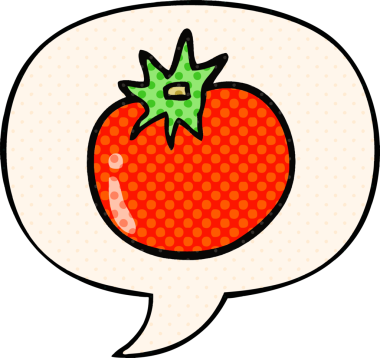 Bir insan tarafından çizilmiş çizgi roman tarzında konuşma baloncuklu domates.