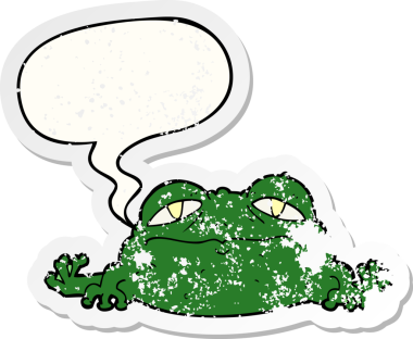 Konuşma baloncuğu olan çirkin kurbağa bir insan tarafından çizilmiş sıkıntılı eski bir çıkartma.