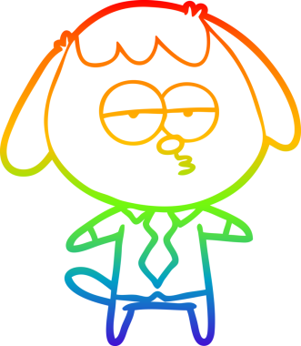 Bir insan tarafından çizilmiş ofis kıyafetleriyle sıkılmış bir köpeğin çizgi film çizimi.