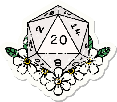Bir insan tarafından çizilmiş çiçek elementleriyle 20 D20 zarının grunge sticker 'ı.