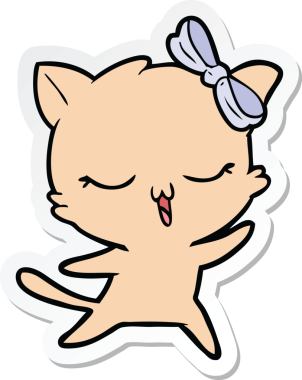 Bir insan tarafından çizilmiş kafasında yay olan dans eden bir kedinin çıkartması.