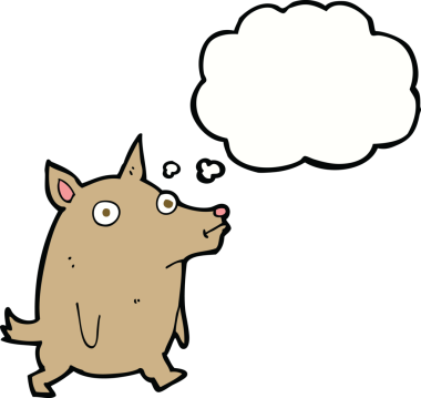 Bir insan tarafından çizilmiş düşünce baloncuğu olan komik bir köpek.