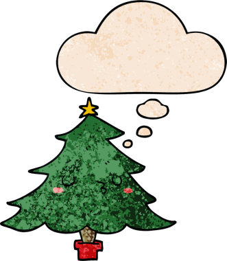 Bir insan tarafından çizilmiş grunge desenli düşünce baloncuğu olan şirin bir çizgi film Noel ağacı.