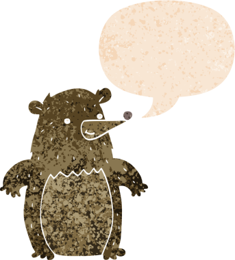 Bir insan tarafından çizilmiş grunge sıkıntılı retro biçimli konuşma balonu ile çizgi film ayısı