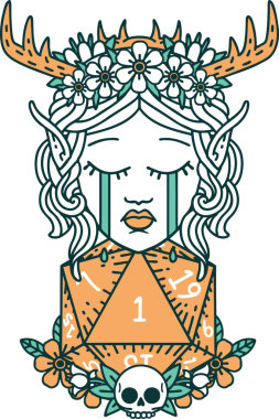 Retro Dövme Tarzı Ağlayan Elf Druid karakteri suratı Bir insan tarafından çizilmiş doğal bir D20 ruloyla