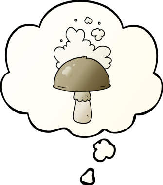 Spor bulutlu çizgi film mantarı. Düşünce baloncuğu insan tarafından çizilmiş.