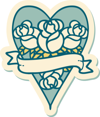 Geleneksel kalp stili dövme çıkartması ve bir insan tarafından çizilmiş çiçekli pankart.