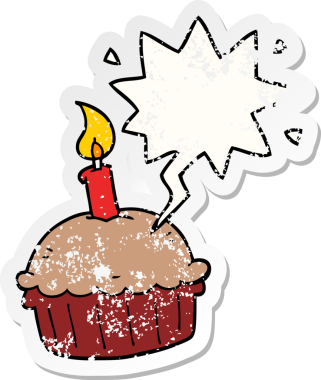 Doğum günü pastası. Konuşma baloncuklu. Bir insan tarafından çizilmiş sıkıntılı eski bir çıkartma.