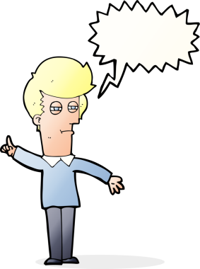 Bir insan tarafından çizilmiş konuşma baloncuğuyla gözlerini kısarak bakan çizgi film adamı.