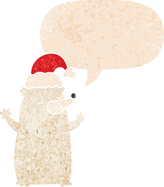 Hoş bir çizgi film noel ayısı, grunge 'da konuşma baloncuğu olan sıkıntılı eski tarz bir insan tarafından çizilmiş.