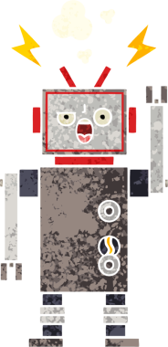 Bir insan tarafından çizilmiş bozulmuş bir robotun retro çizim tarzı karikatürü