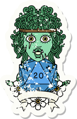 Bir insan tarafından çizilmiş doğal 20 zarlı yarım ork barbar karakterin grunge sticker 'ı.