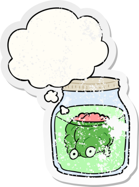 Kavanozda karikatür gibi tuhaf bir beyin, insan tarafından çizilmiş yıpranmış bir çıkartma gibi.