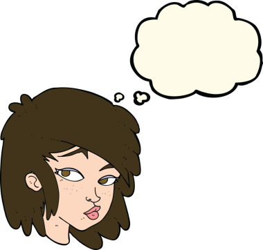 Bir insan tarafından çizilmiş düşünce baloncuğu olan meraklı bir kadın.