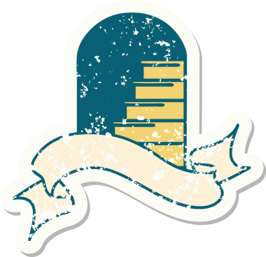 Bir insan tarafından çizilmiş basamaklara açılan kapı armalı eski bir etiket.