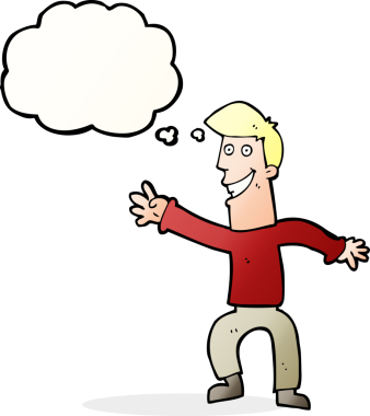 Bir insan tarafından çizilmiş düşünce baloncuğuyla dans eden mutlu adam çizgi filmi.