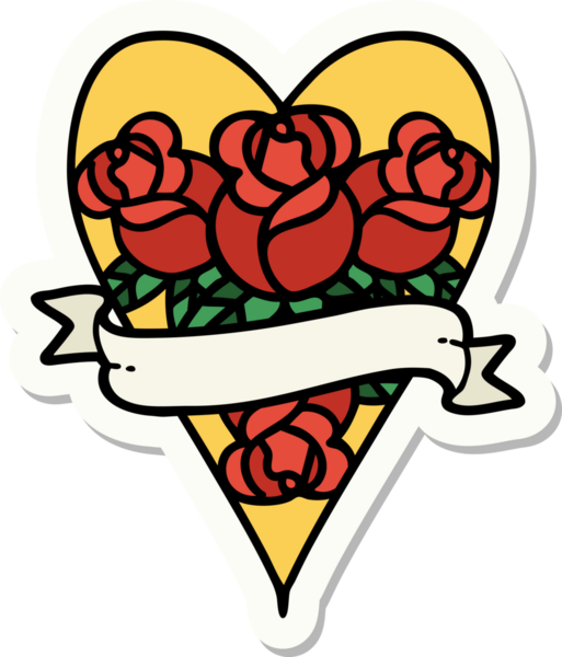 Geleneksel kalp stili dövme çıkartması ve bir insan tarafından çizilmiş çiçekli pankart.